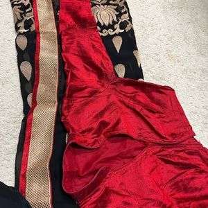 Contemporary saree with long sleeve blouse and stand color v shape neck